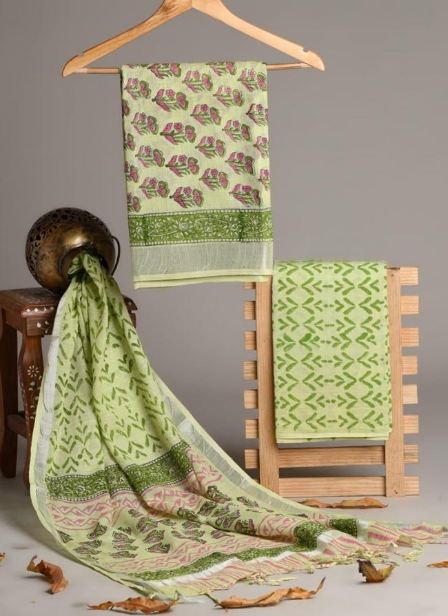 Linen Cotton Green Casual Wear Printed Salwar Suit